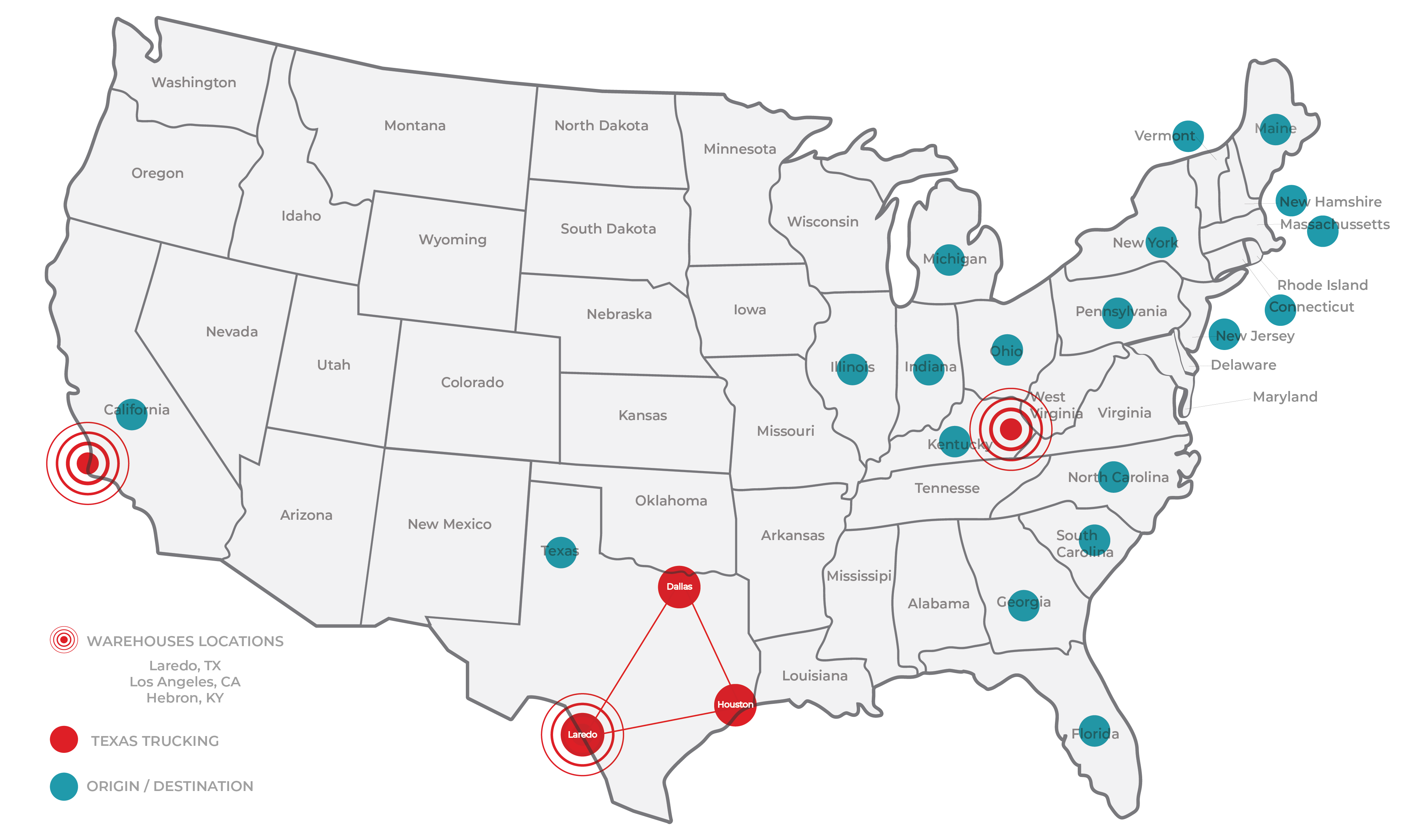 Map of United States with origin/destination for freight shipping