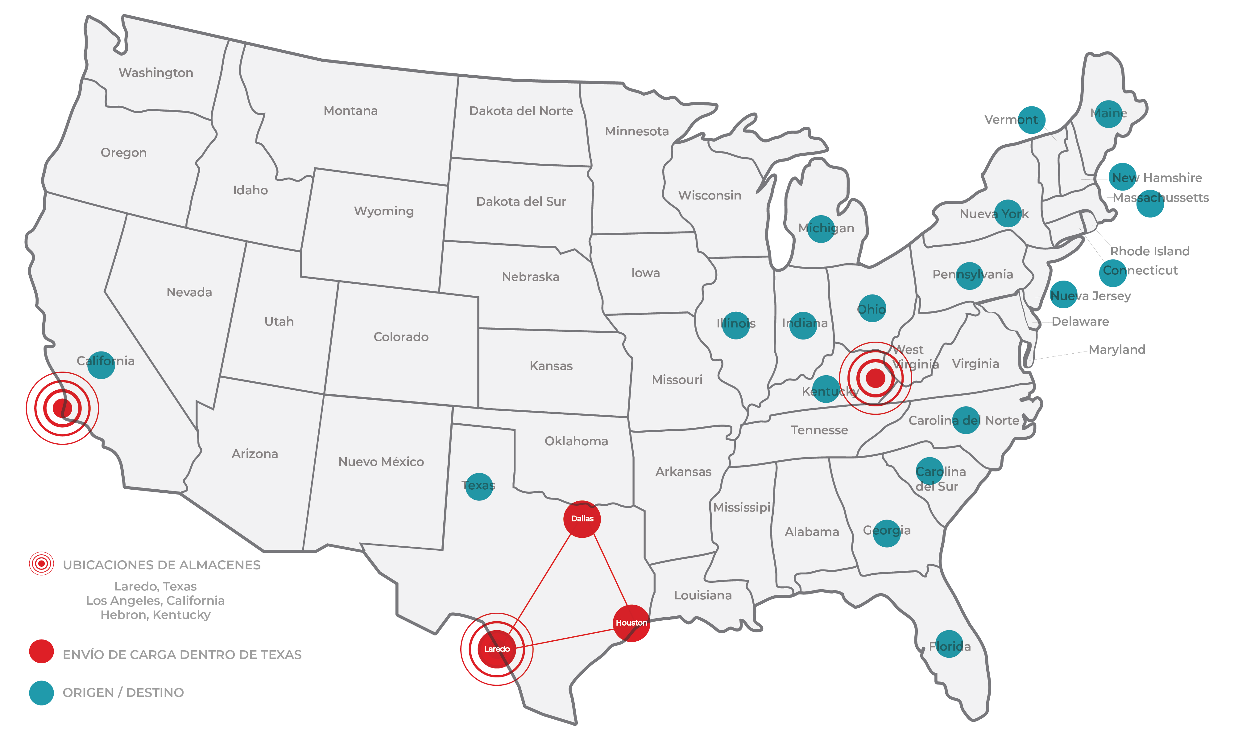 Mapa de Estados Unidos con origen/ destino para envios de carga en Norte America