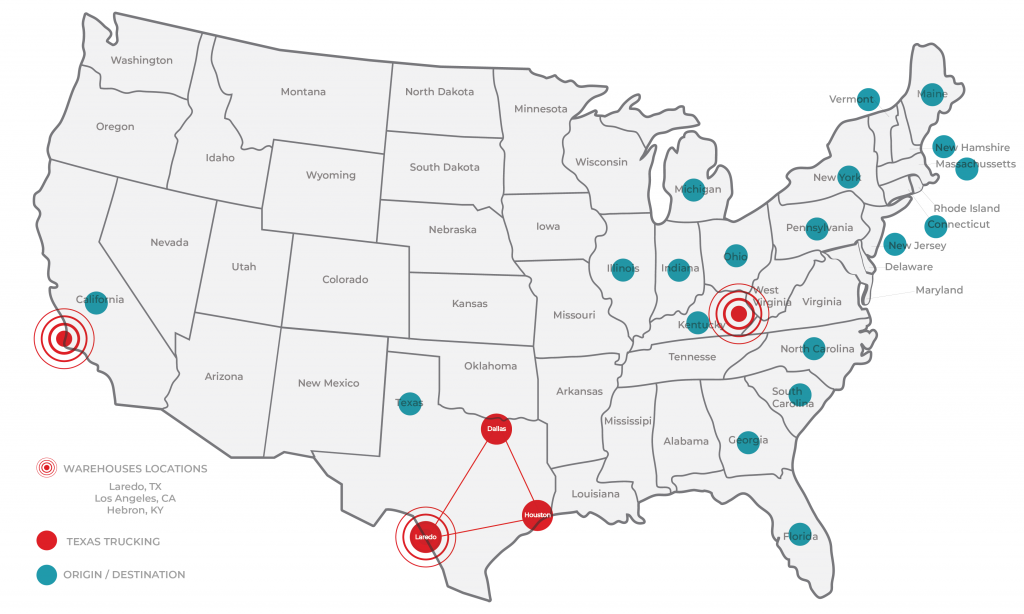 Mapa de Estados Unidos con ubicaciones de almacenes