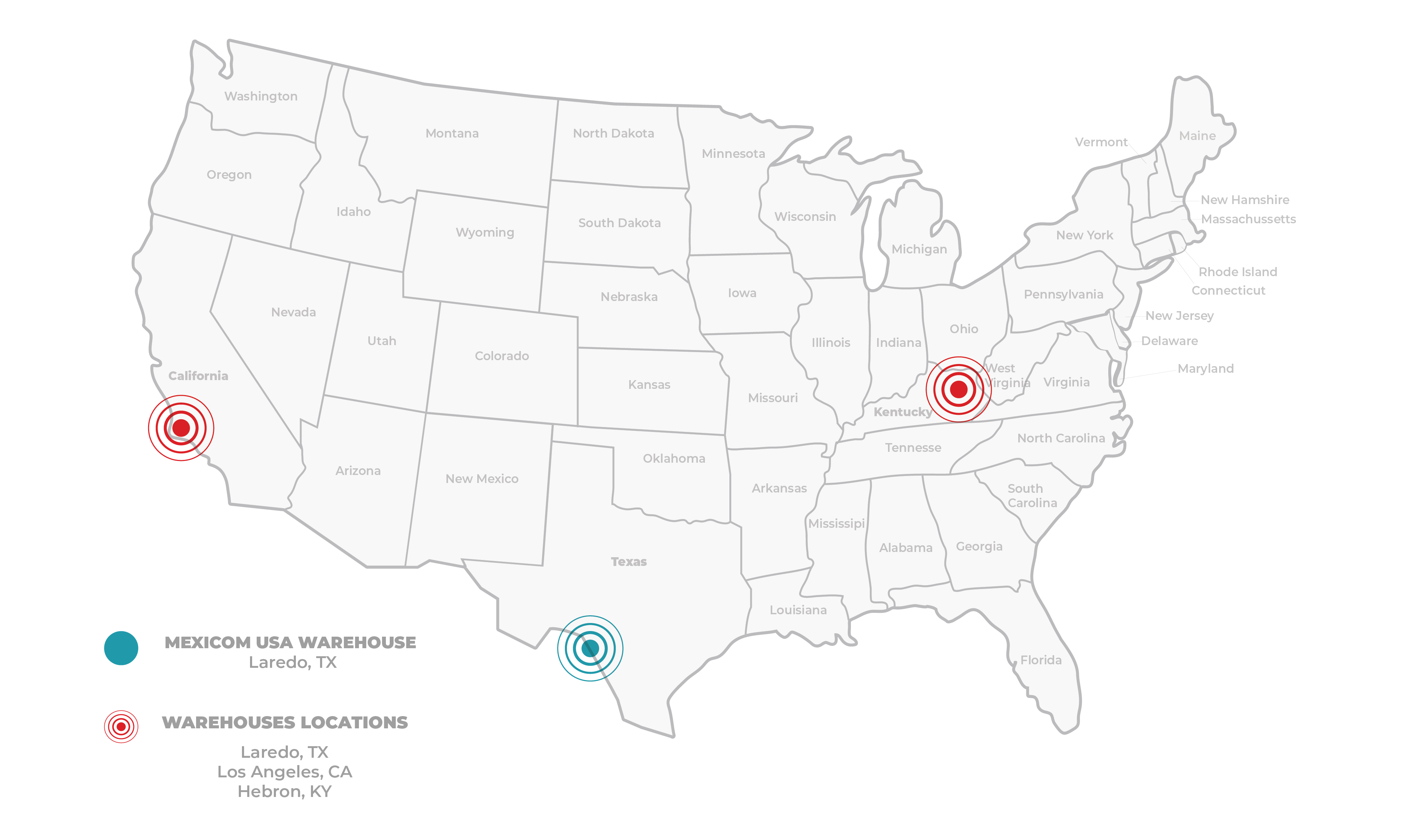 Warehouse locations in the United States for Mexicom USA